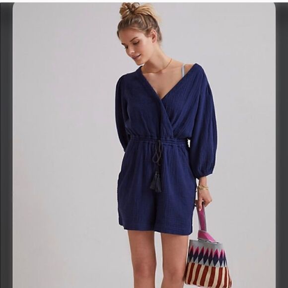 Anthropologie Celia Gauzy Romper Women's size XS navy blue faux wrap drawstring - Picture 1 of 13